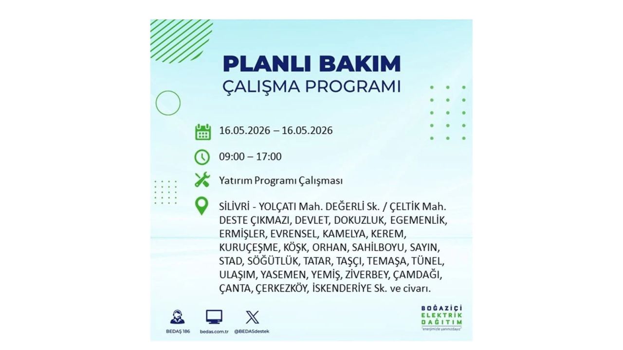 İstanbul’da planlı elektrik kesintisi: Saat saat kesinti programı (16 Mayıs 2026 İstanbul'da elektrikler ne zaman gelecek?) 14