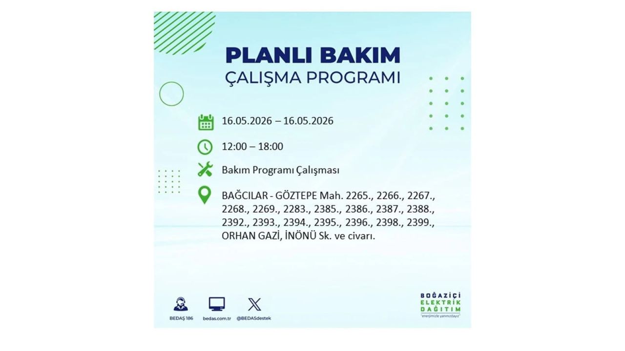 İstanbul’da planlı elektrik kesintisi: Saat saat kesinti programı (16 Mayıs 2026 İstanbul'da elektrikler ne zaman gelecek?) 2