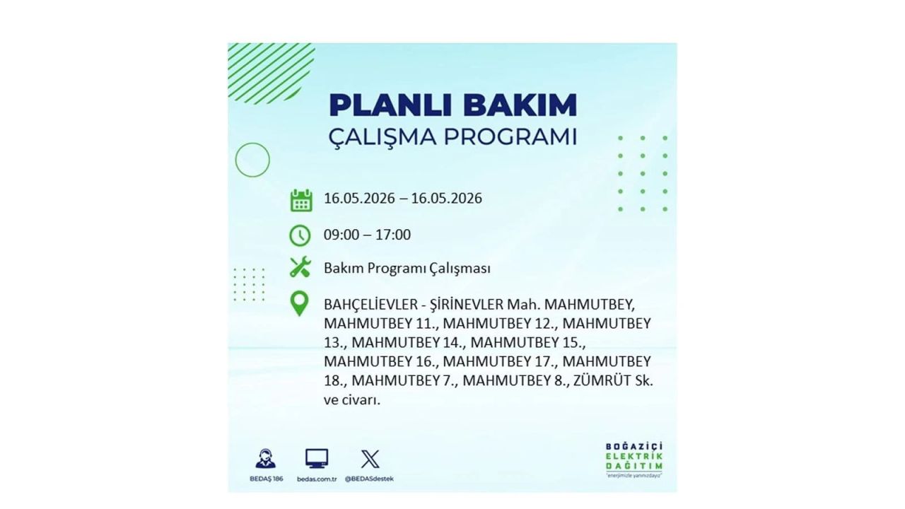 İstanbul’da planlı elektrik kesintisi: Saat saat kesinti programı (16 Mayıs 2026 İstanbul'da elektrikler ne zaman gelecek?) 4