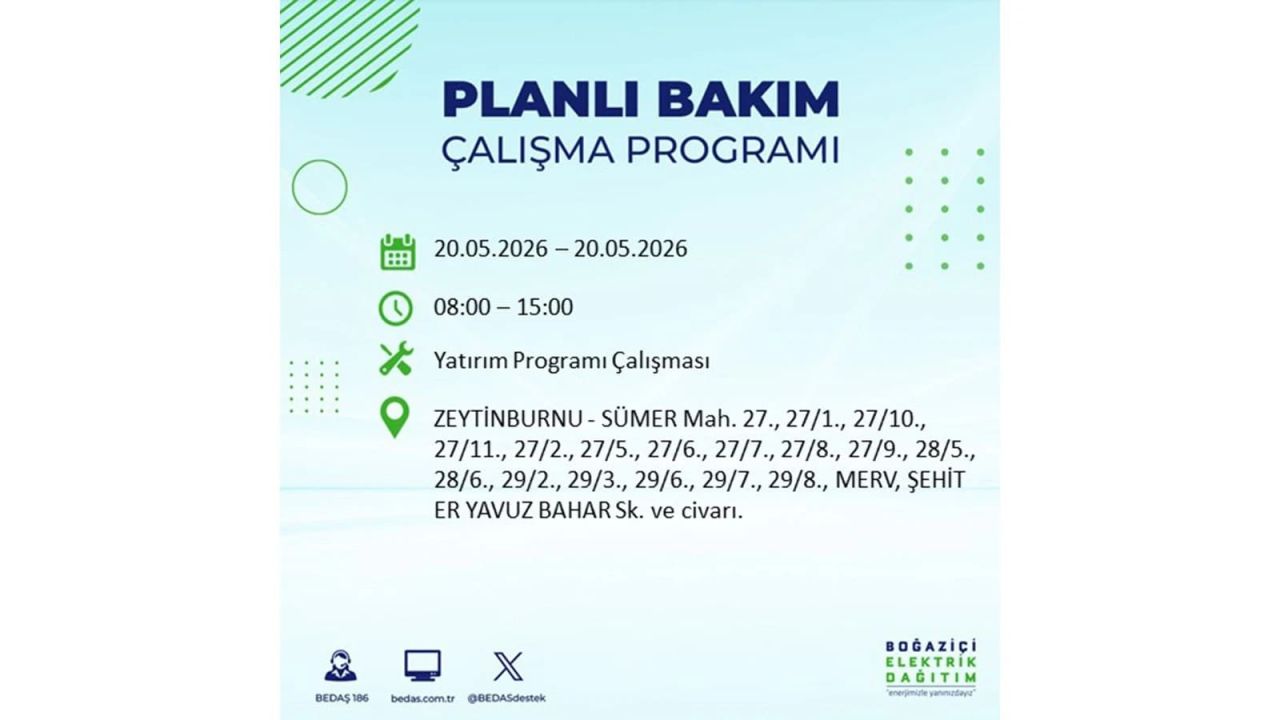 İstanbul’da yaşayanlar dikkat! 20 Mayıs Çarşamba günü elektrik kesintisi uygulanacak 13