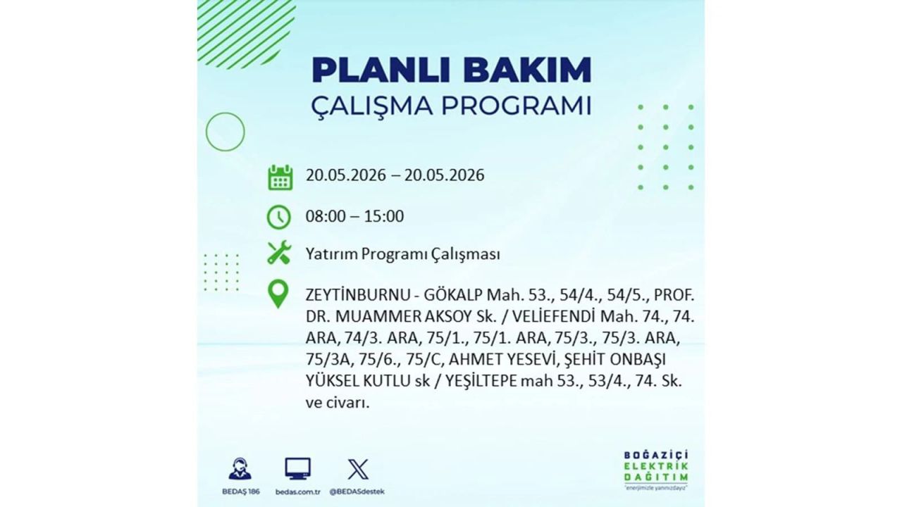 İstanbul’da yaşayanlar dikkat! 20 Mayıs Çarşamba günü elektrik kesintisi uygulanacak 17