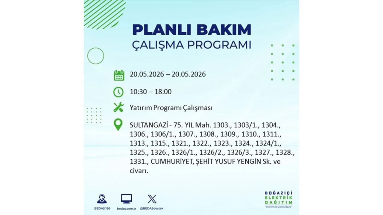 İstanbul’da yaşayanlar dikkat! 20 Mayıs Çarşamba günü elektrik kesintisi uygulanacak 20