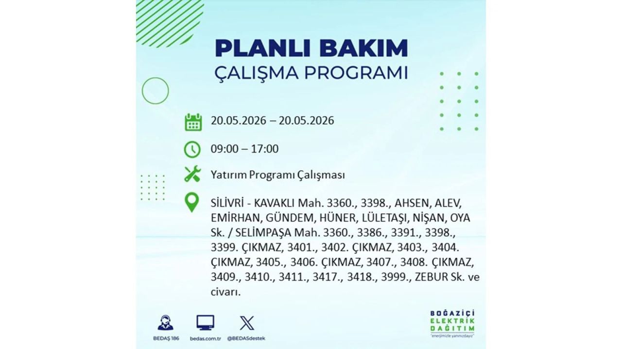 İstanbul’da yaşayanlar dikkat! 20 Mayıs Çarşamba günü elektrik kesintisi uygulanacak 24
