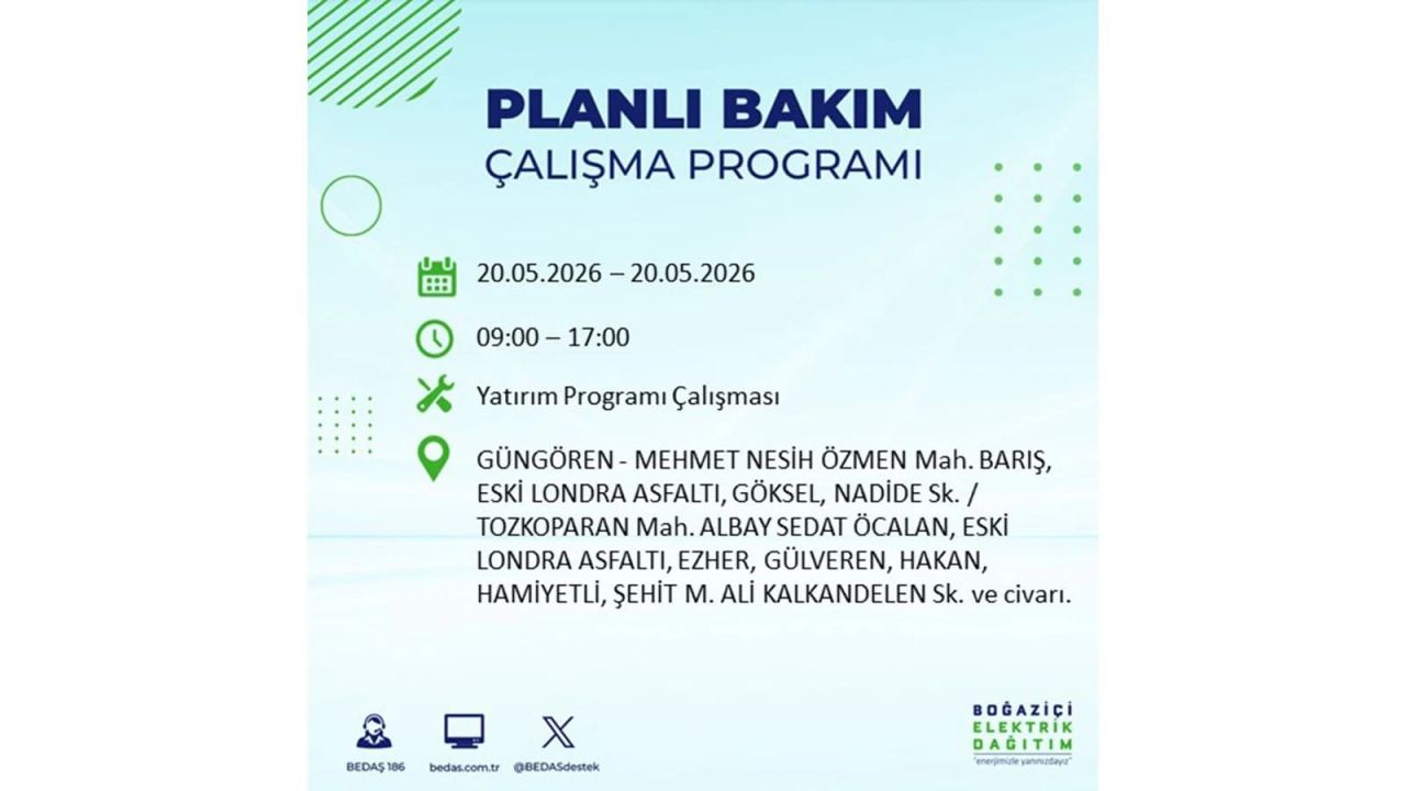 İstanbul’da yaşayanlar dikkat! 20 Mayıs Çarşamba günü elektrik kesintisi uygulanacak 34