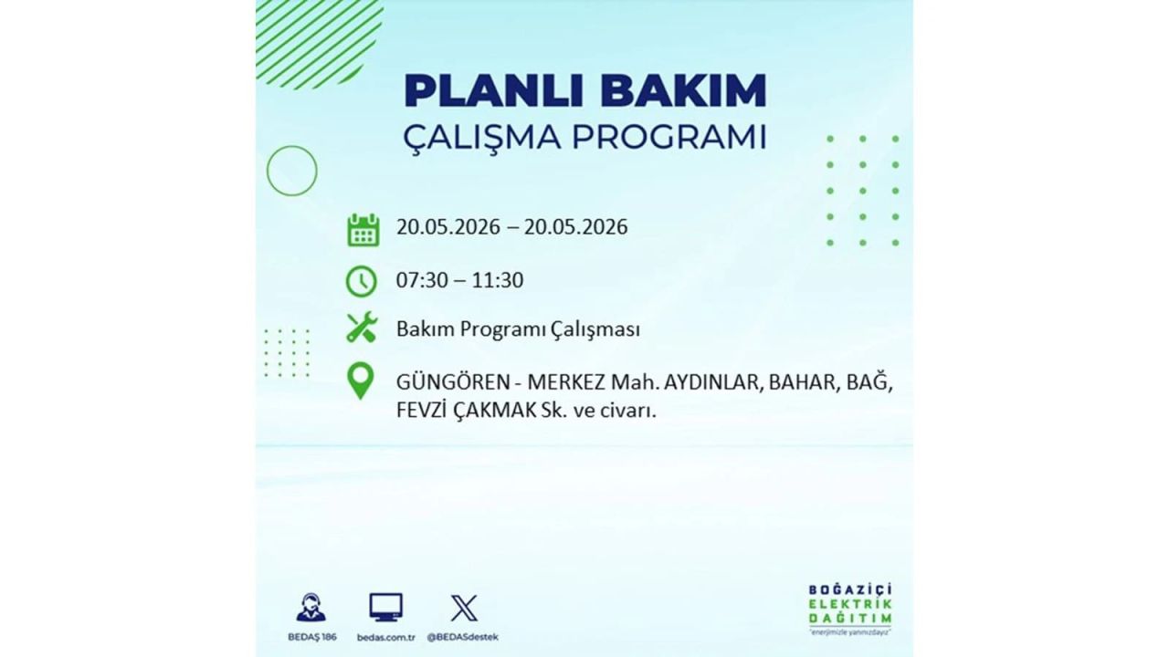 İstanbul’da yaşayanlar dikkat! 20 Mayıs Çarşamba günü elektrik kesintisi uygulanacak 37