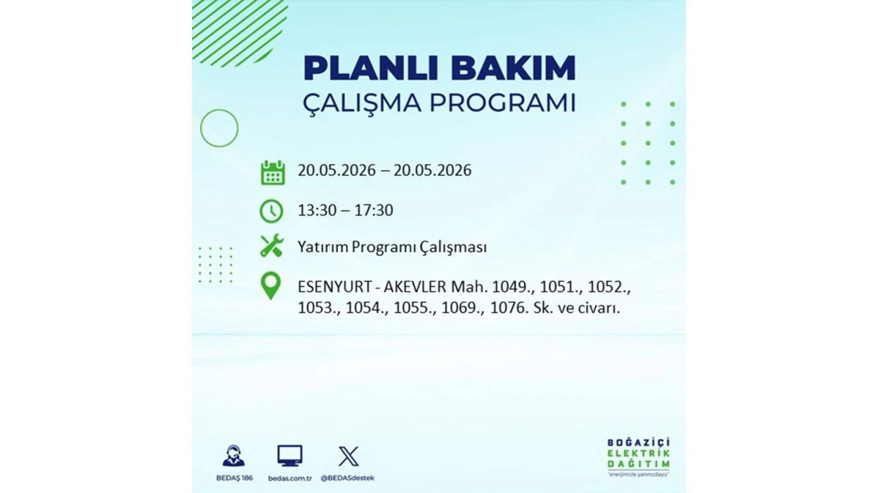 İstanbul’da yaşayanlar dikkat! 20 Mayıs Çarşamba günü elektrik kesintisi uygulanacak 44