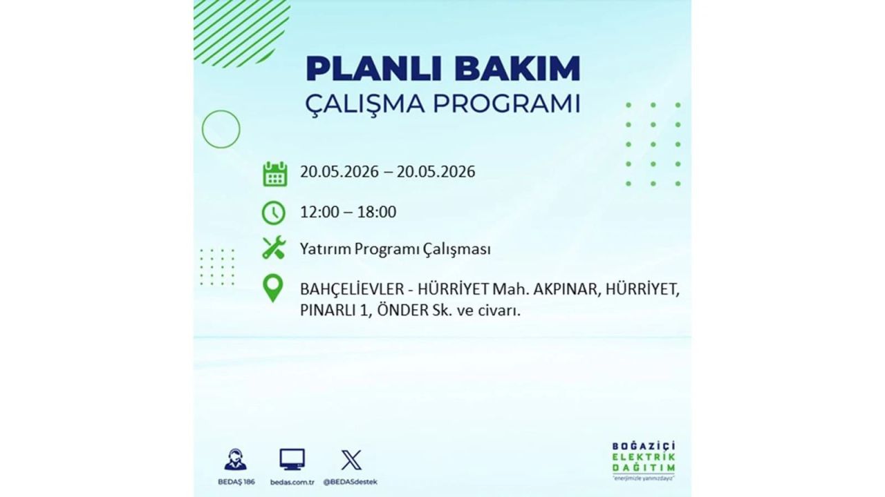 İstanbul’da yaşayanlar dikkat! 20 Mayıs Çarşamba günü elektrik kesintisi uygulanacak 5