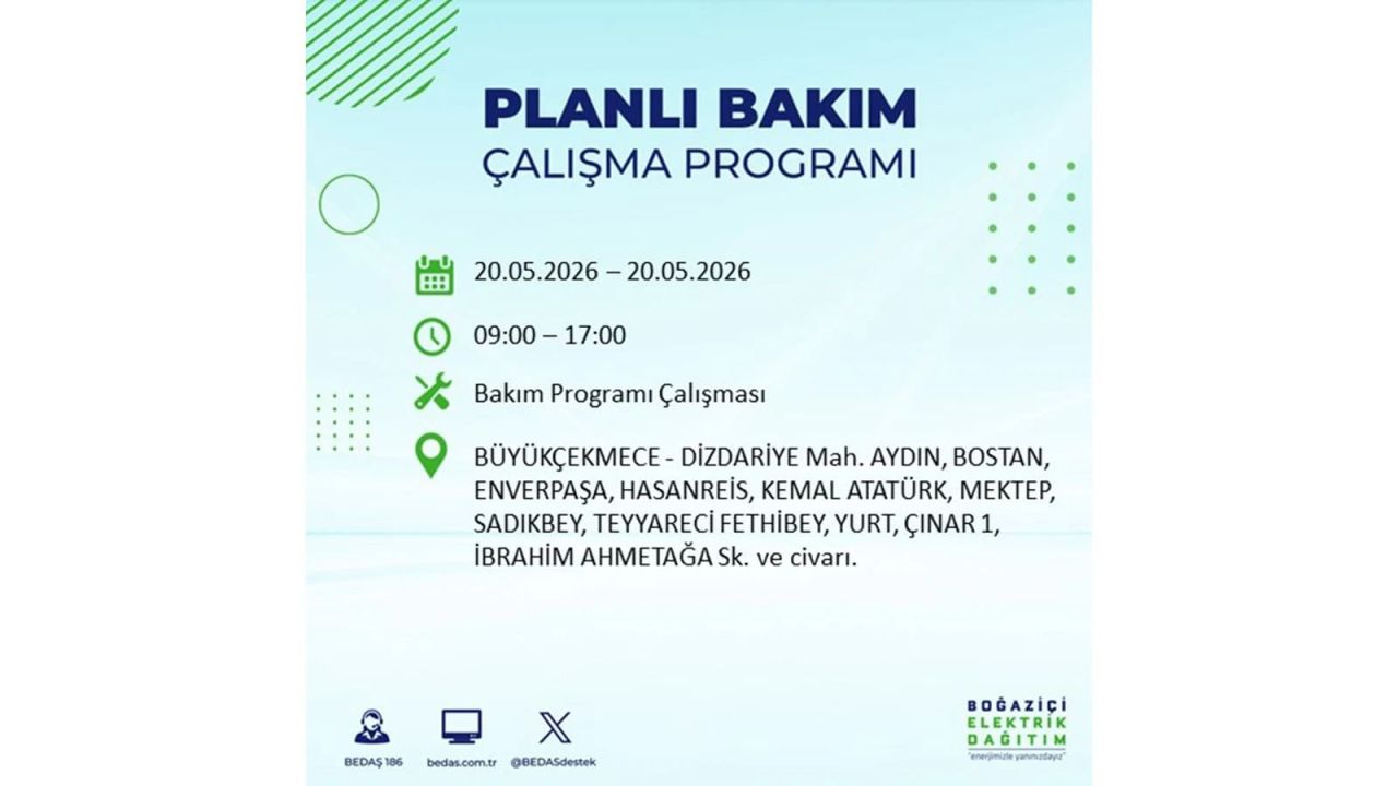 İstanbul’da yaşayanlar dikkat! 20 Mayıs Çarşamba günü elektrik kesintisi uygulanacak 55