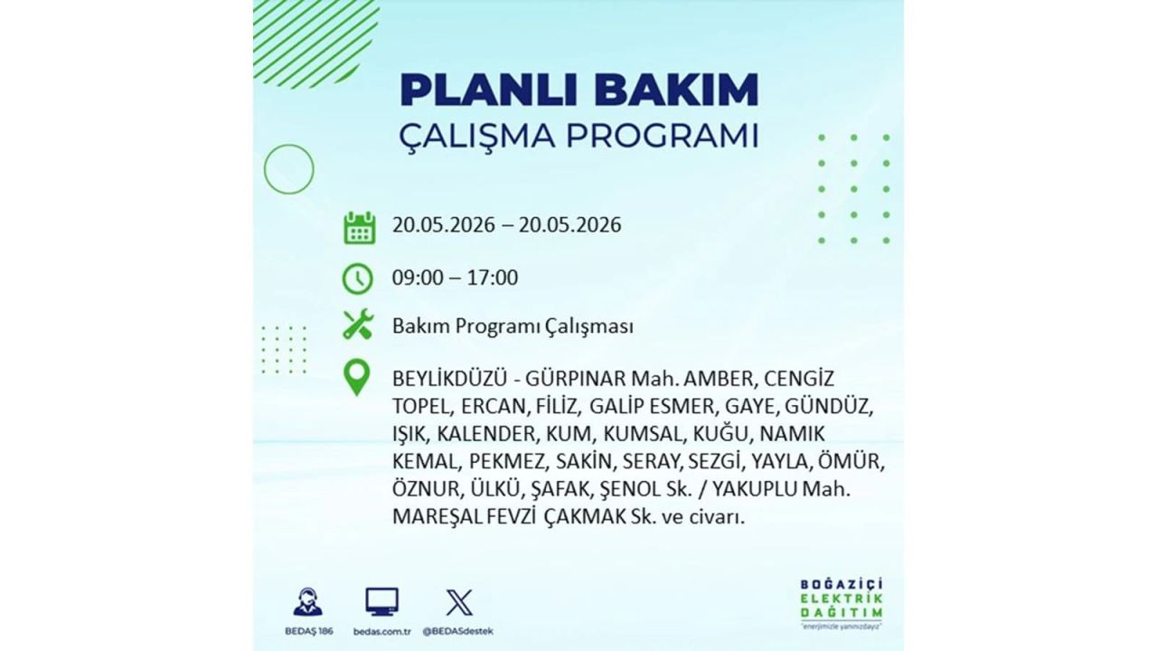 İstanbul’da yaşayanlar dikkat! 20 Mayıs Çarşamba günü elektrik kesintisi uygulanacak 61