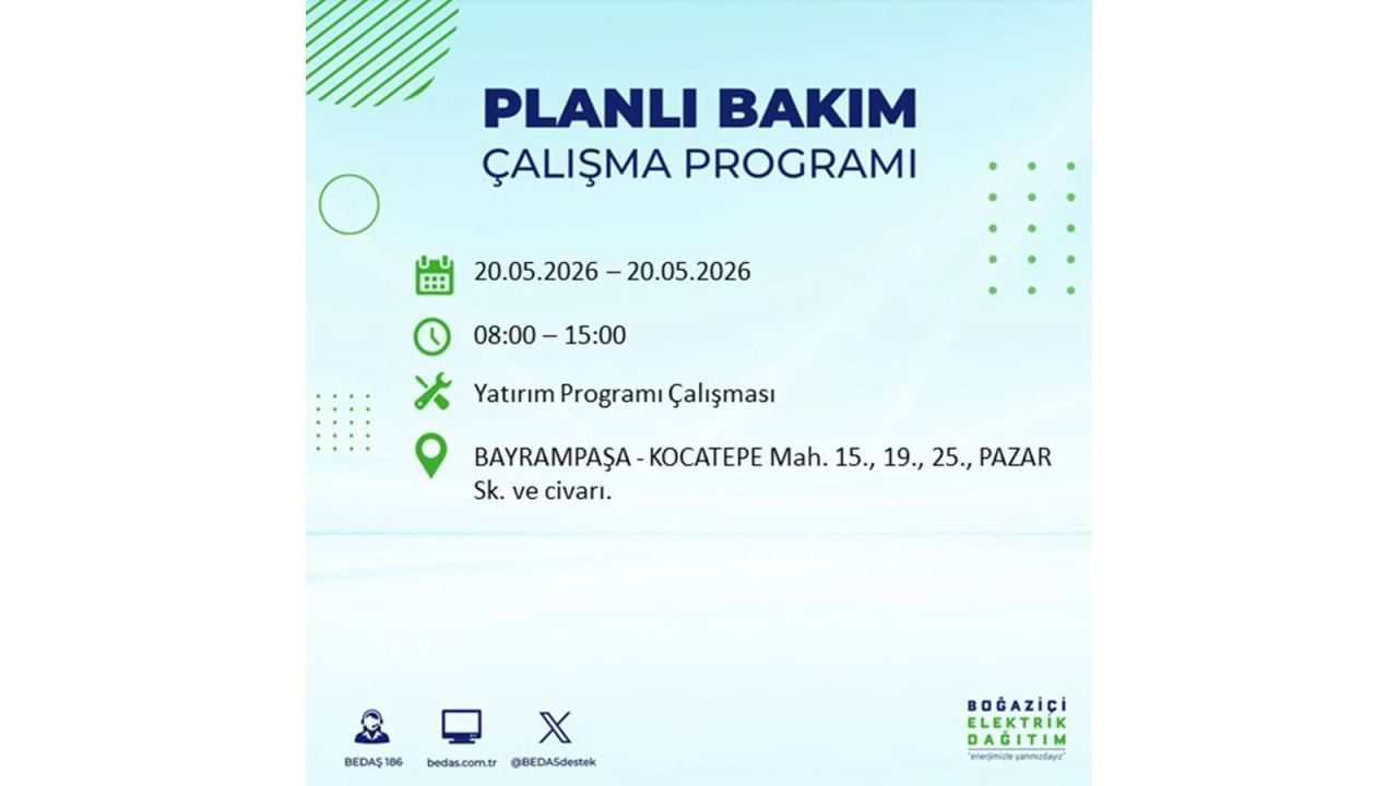 İstanbul’da yaşayanlar dikkat! 20 Mayıs Çarşamba günü elektrik kesintisi uygulanacak 63