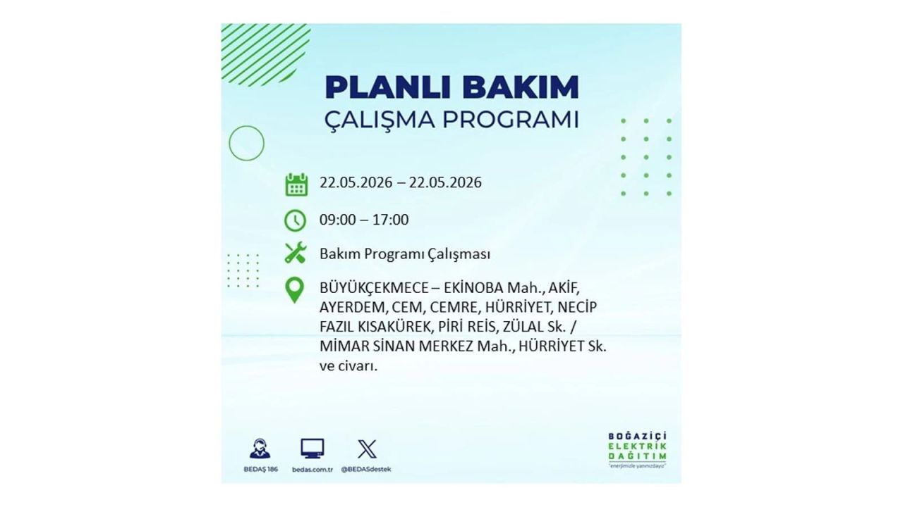 İstanbul'da 22 Mayıs Cuma günü elektrik kesintileri olacak! İşte elektrik kesintisi yaşanacak ilçeler 10