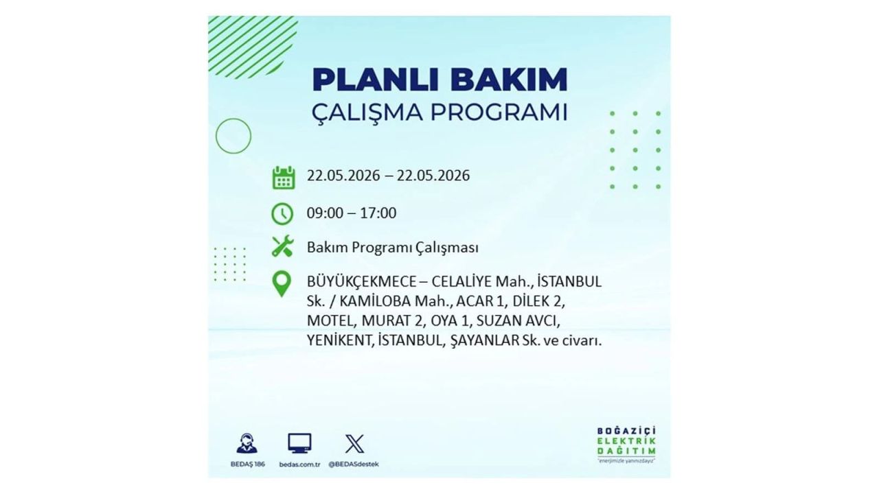 İstanbul'da 22 Mayıs Cuma günü elektrik kesintileri olacak! İşte elektrik kesintisi yaşanacak ilçeler 11