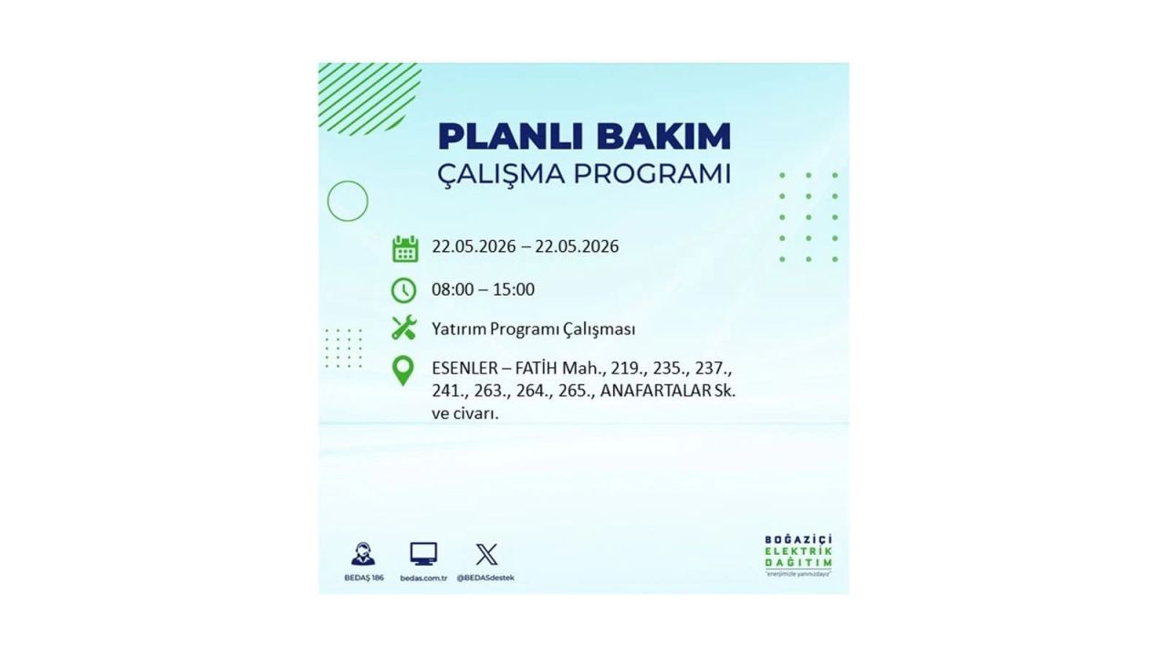 İstanbul'da 22 Mayıs Cuma günü elektrik kesintileri olacak! İşte elektrik kesintisi yaşanacak ilçeler 13