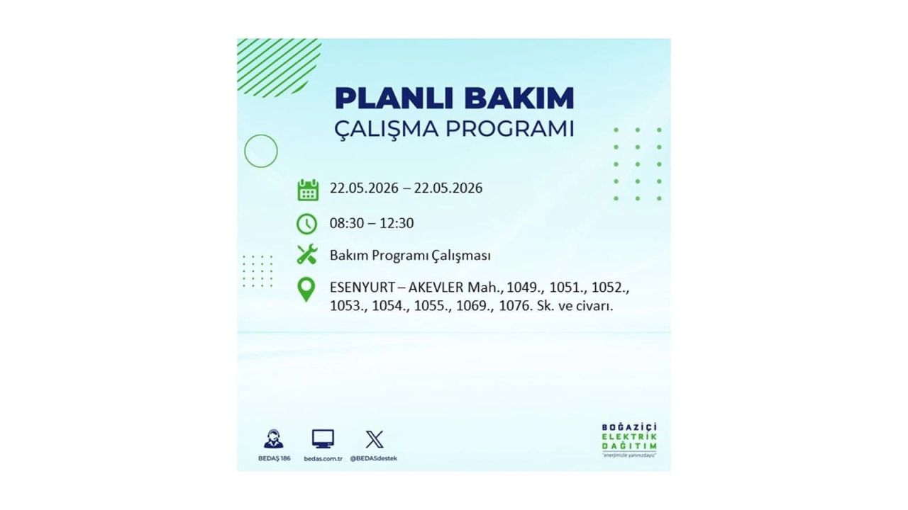 İstanbul'da 22 Mayıs Cuma günü elektrik kesintileri olacak! İşte elektrik kesintisi yaşanacak ilçeler 16