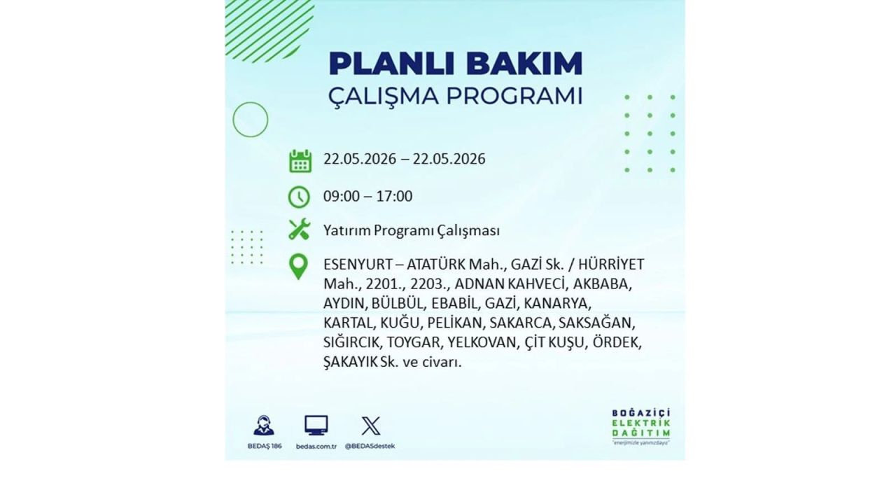 İstanbul'da 22 Mayıs Cuma günü elektrik kesintileri olacak! İşte elektrik kesintisi yaşanacak ilçeler 17