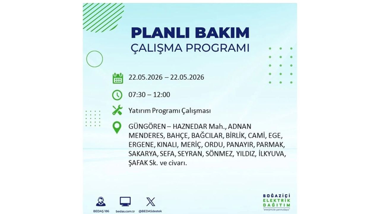 İstanbul'da 22 Mayıs Cuma günü elektrik kesintileri olacak! İşte elektrik kesintisi yaşanacak ilçeler 21