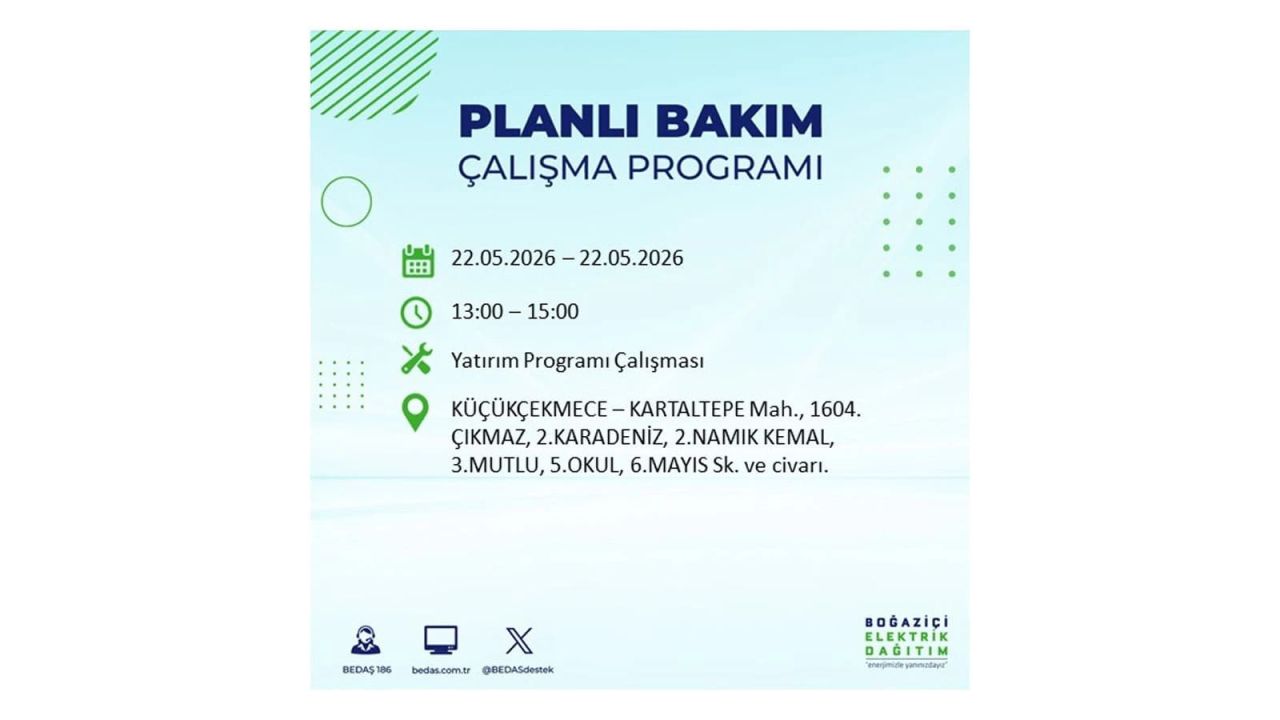 İstanbul'da 22 Mayıs Cuma günü elektrik kesintileri olacak! İşte elektrik kesintisi yaşanacak ilçeler 26