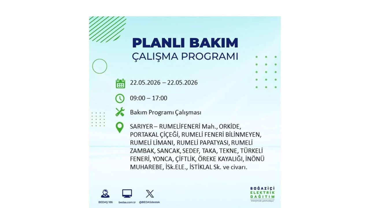 İstanbul'da 22 Mayıs Cuma günü elektrik kesintileri olacak! İşte elektrik kesintisi yaşanacak ilçeler 31