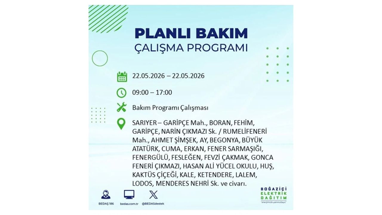 İstanbul'da 22 Mayıs Cuma günü elektrik kesintileri olacak! İşte elektrik kesintisi yaşanacak ilçeler 32