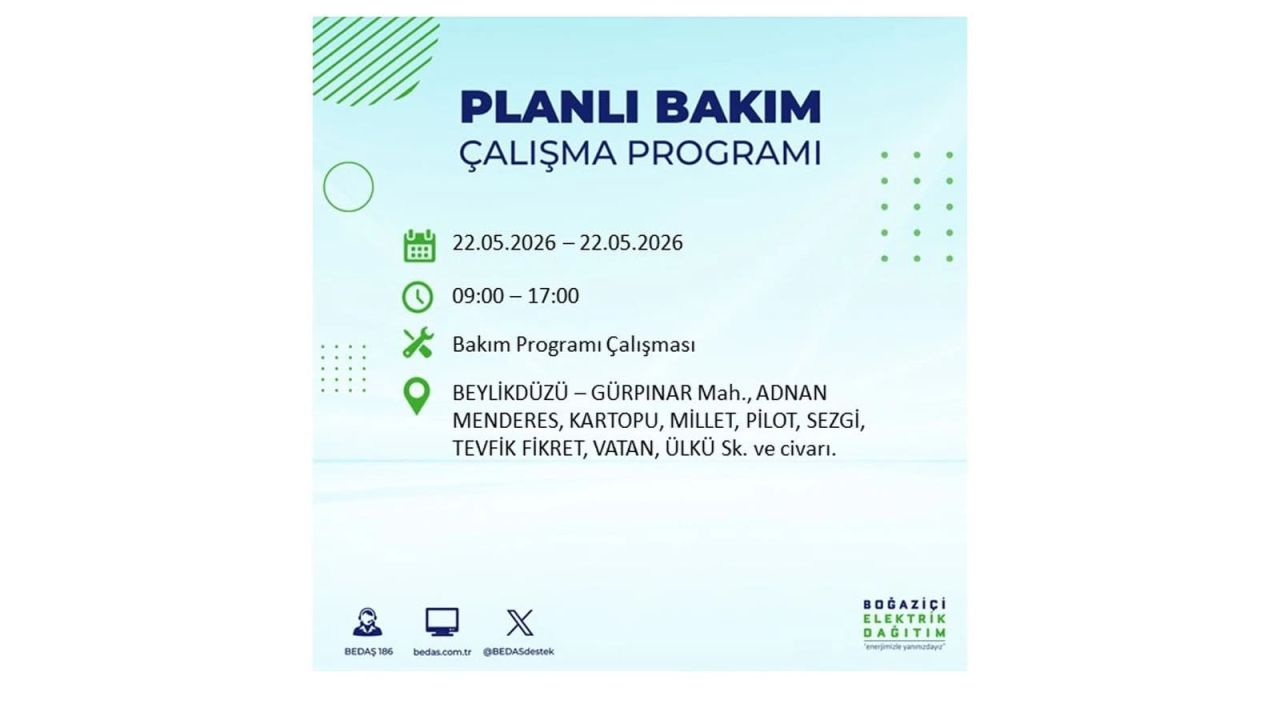 İstanbul'da 22 Mayıs Cuma günü elektrik kesintileri olacak! İşte elektrik kesintisi yaşanacak ilçeler 9
