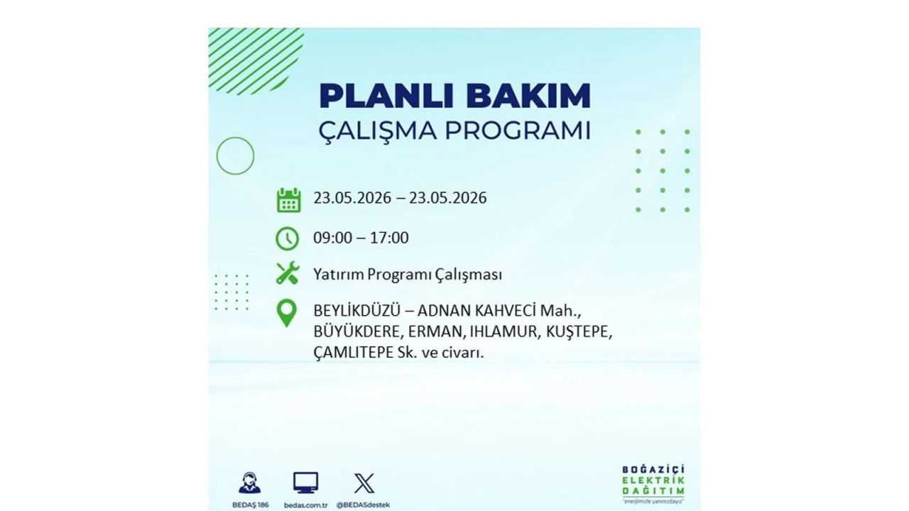 BEDAŞ duyurdu: İstanbul'da 23 Mayıs 2026 elektrik kesintisi yaşanacak ilçeler 11