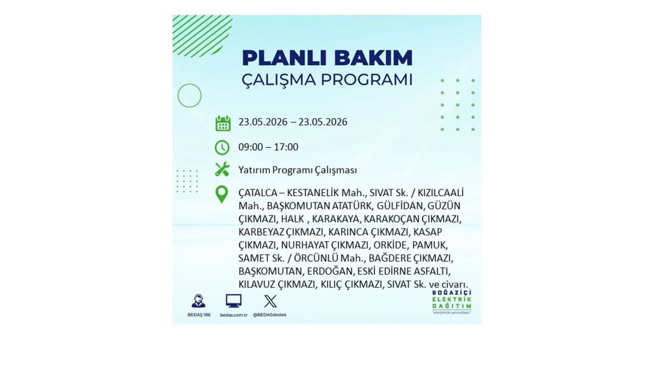 BEDAŞ duyurdu: İstanbul'da 23 Mayıs 2026 elektrik kesintisi yaşanacak ilçeler 12