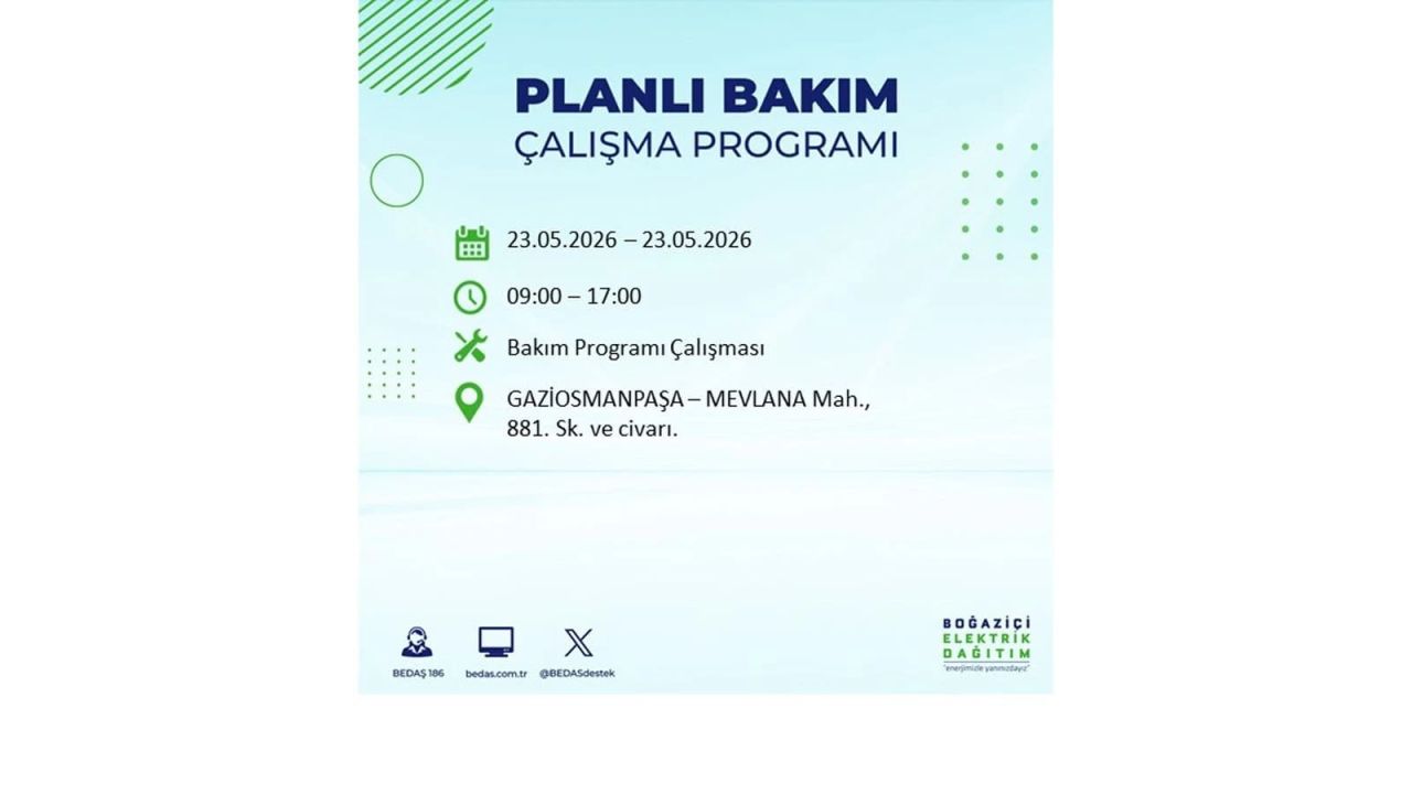 BEDAŞ duyurdu: İstanbul'da 23 Mayıs 2026 elektrik kesintisi yaşanacak ilçeler 15