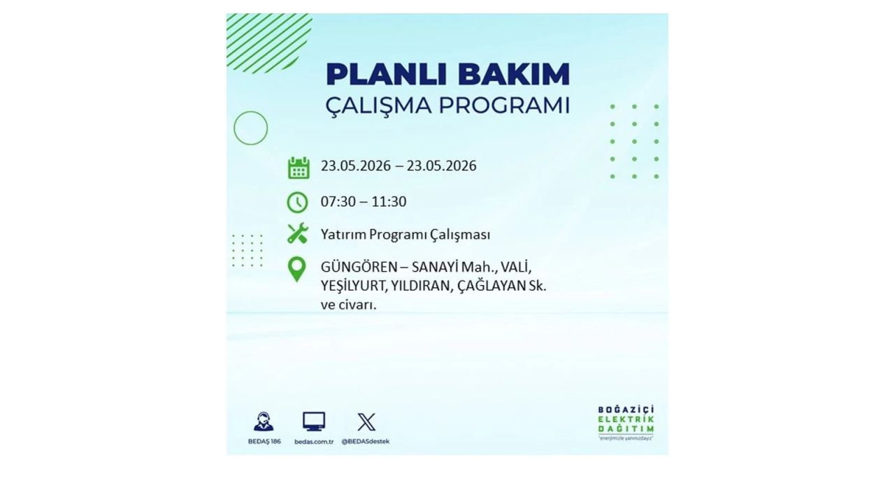 BEDAŞ duyurdu: İstanbul'da 23 Mayıs 2026 elektrik kesintisi yaşanacak ilçeler 16