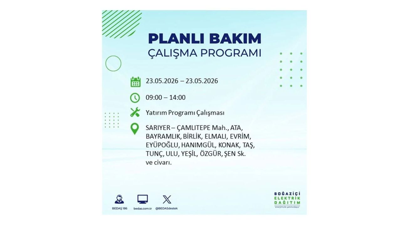BEDAŞ duyurdu: İstanbul'da 23 Mayıs 2026 elektrik kesintisi yaşanacak ilçeler 17