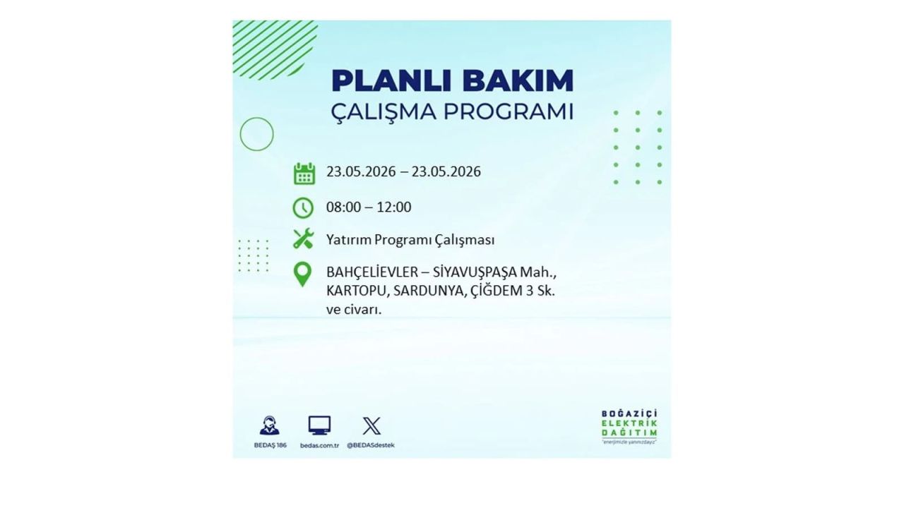 BEDAŞ duyurdu: İstanbul'da 23 Mayıs 2026 elektrik kesintisi yaşanacak ilçeler 4