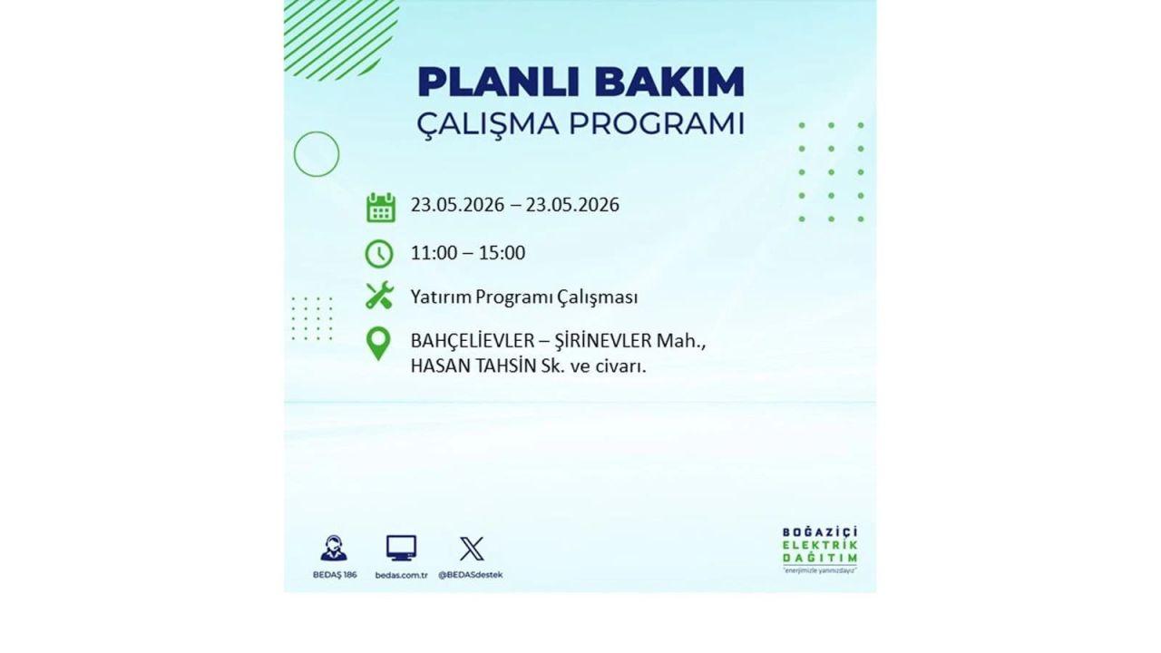 BEDAŞ duyurdu: İstanbul'da 23 Mayıs 2026 elektrik kesintisi yaşanacak ilçeler 5