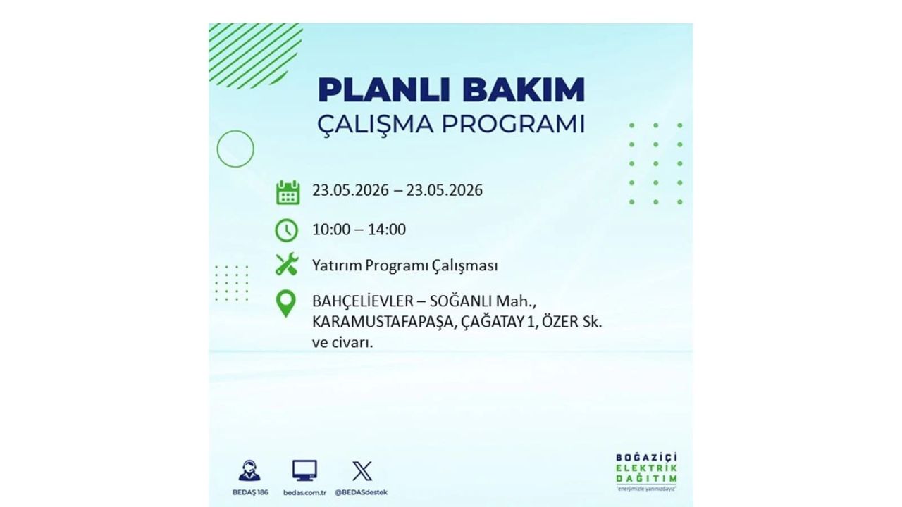 BEDAŞ duyurdu: İstanbul'da 23 Mayıs 2026 elektrik kesintisi yaşanacak ilçeler 7