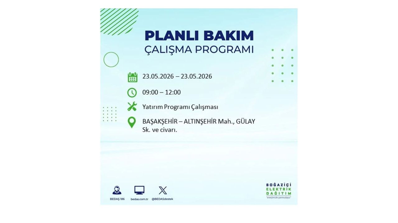 BEDAŞ duyurdu: İstanbul'da 23 Mayıs 2026 elektrik kesintisi yaşanacak ilçeler 8