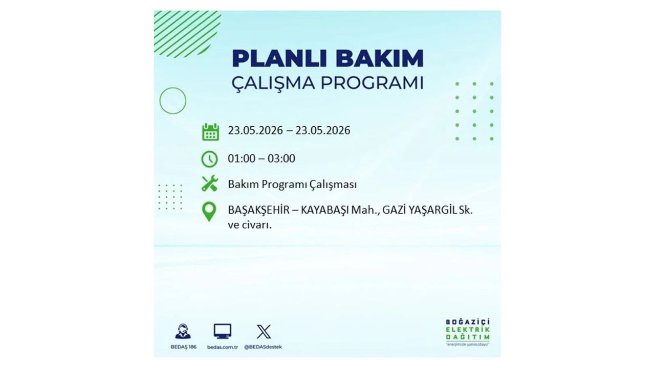 BEDAŞ duyurdu: İstanbul'da 23 Mayıs 2026 elektrik kesintisi yaşanacak ilçeler 9