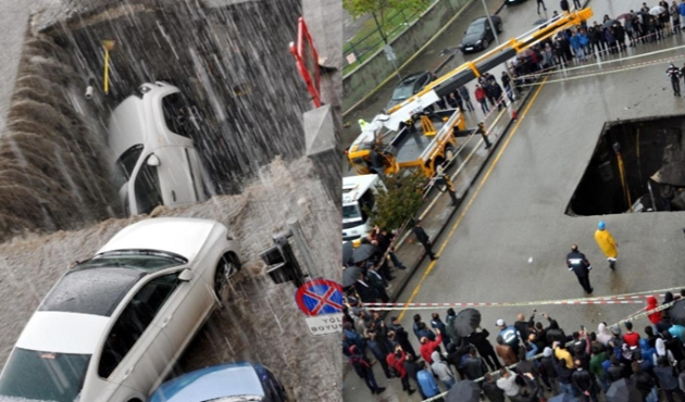 Caddede oluşan dev çukur aracı yuttu!