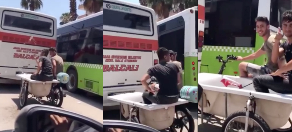 İçi su dolu küvetle motor yolculuğu yaptılar...