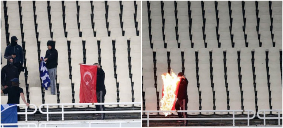 Tribünde Türk bayrağı yaktılar...