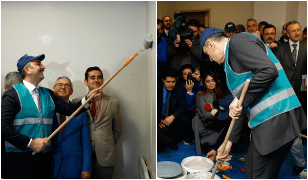 İki bakan ellerine fırça alıp sınıfı boyadı!