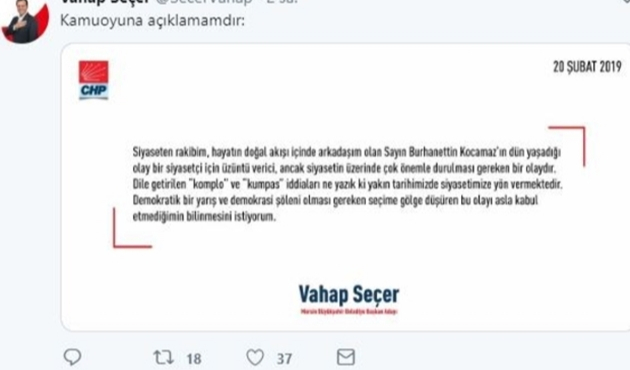 Mersin'de CHP’li Vahap Seçer’den Kocamaz paylaşımı