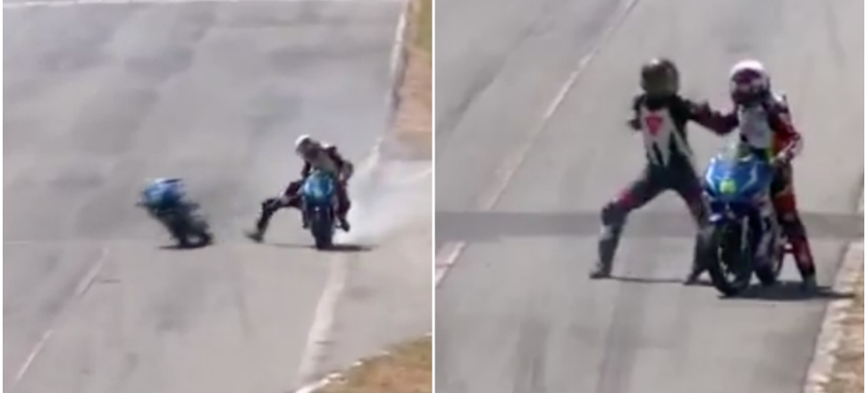 İki motosikletçi yarışı bırakıp kavgaya tutuştu!