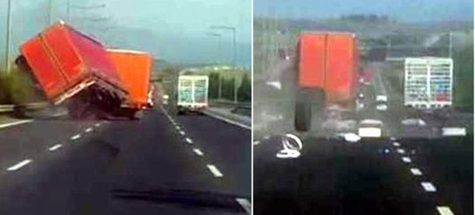 Otobanda korku dolu anlar! TIR'ın kasası savruldu!