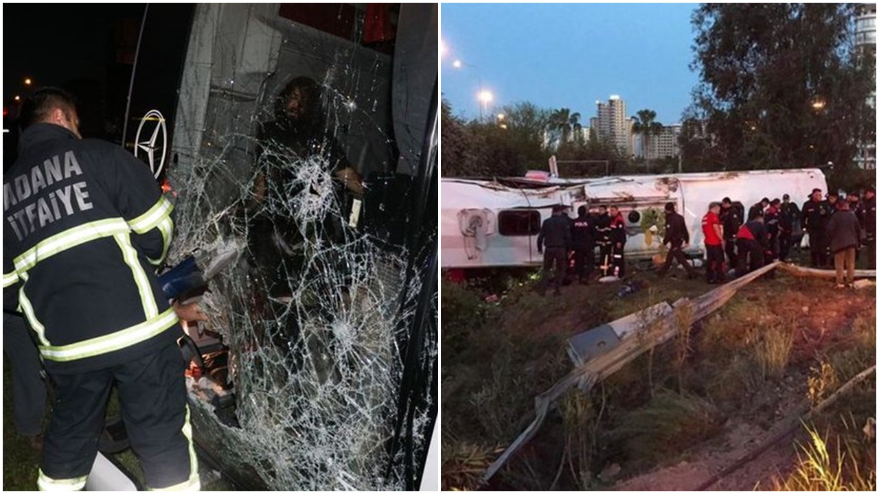 Adana'da feci kaza! Yolcu otobüsü devrildi!