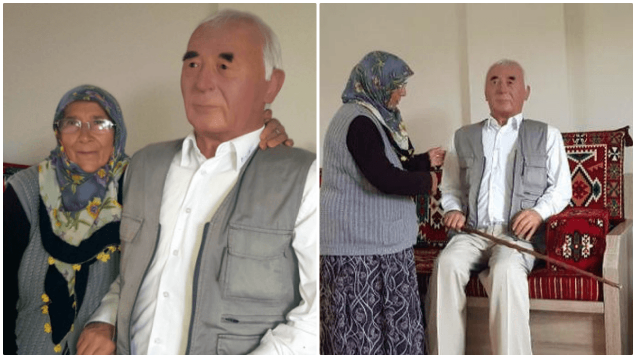 Ölen eşinin heykeli ile hasret gideriyor!