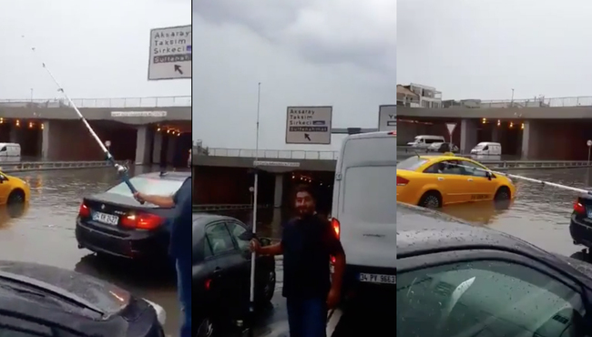 Aracından inip yağmur sularına olta salladı...