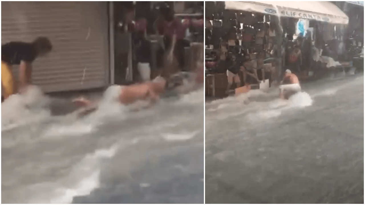 Tahtakale'de bir esnaf sele kapılmaktan son anda kurtuldu!