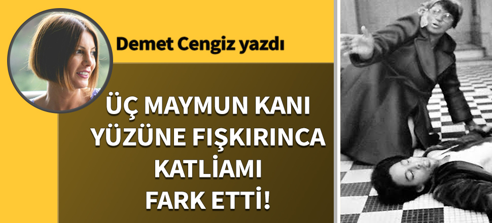 Üç maymun kanı yüzüne fışkırınca katliamı fark etti!
