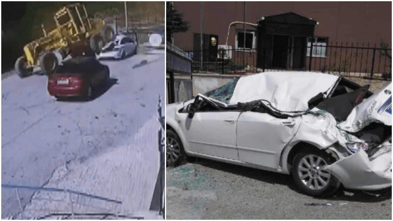 Freni boşalan greyder otomobili ezdi!