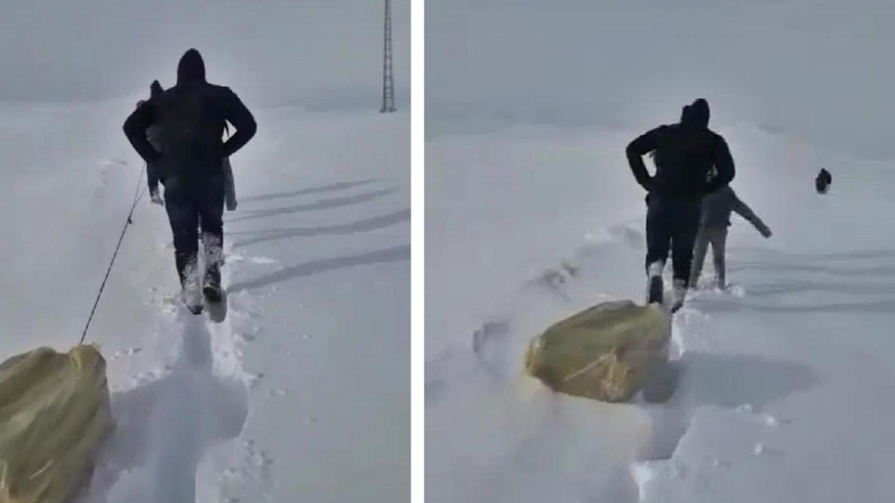 4 kilometrelik karlı yolu aşıp, çocuklarını okula ulaştırdılar
