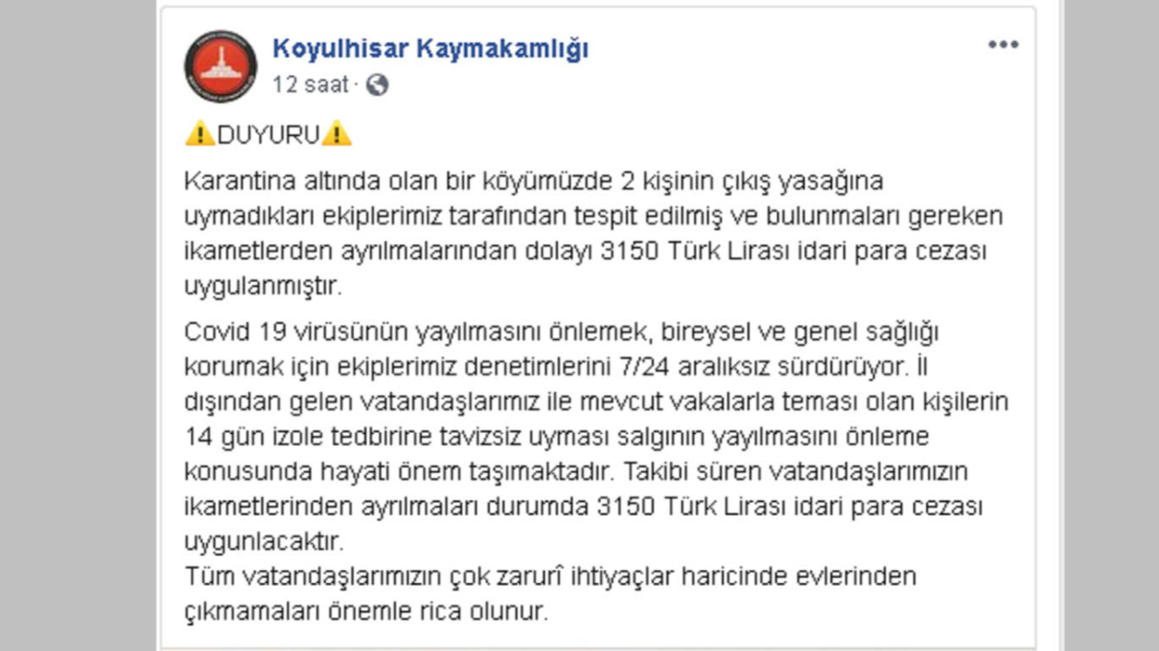 Sivas'ta karantinayı delen iki kişiye 6 bin 300 TL ceza