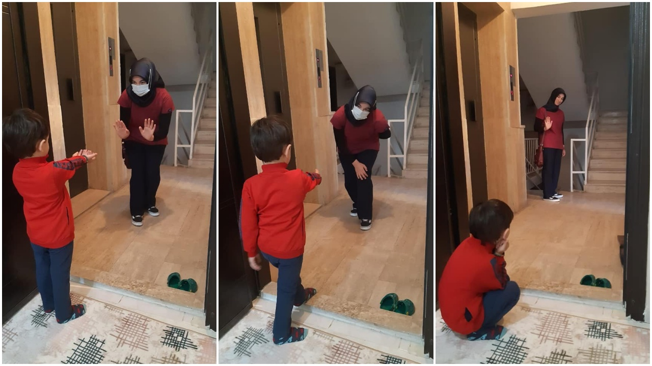 Pandemi hemşiresi oğluyla kapıdan hasret giderdi